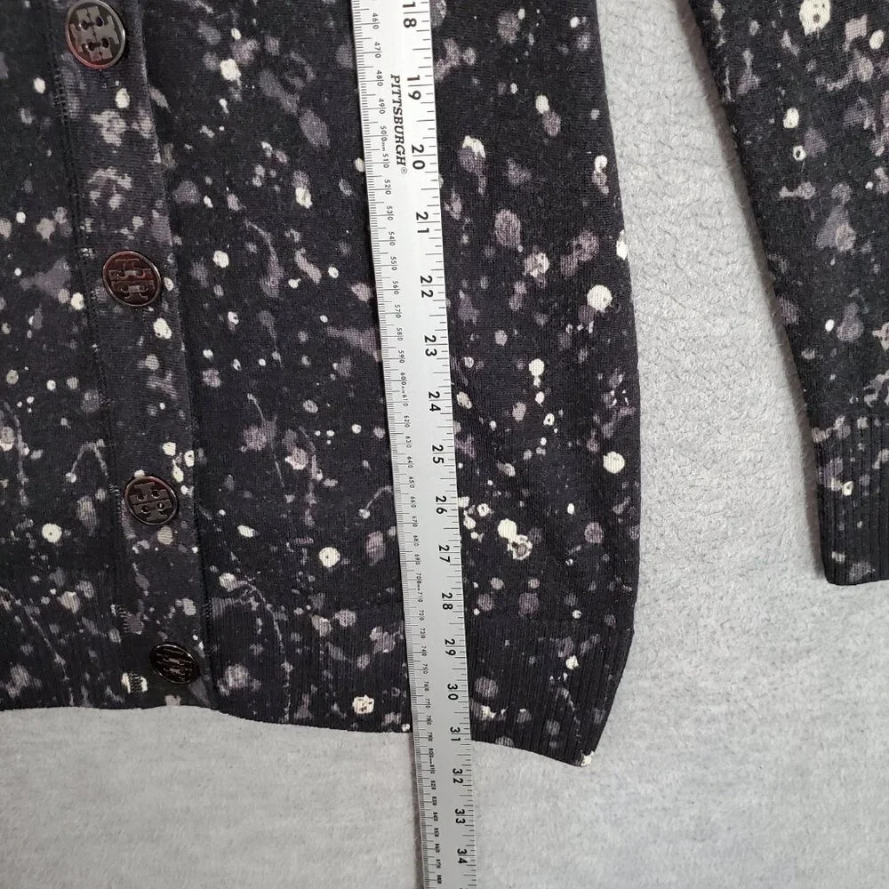Tory Burch Women Sweater‎ Small Black Paint Splatter Cardigan 100% Merino Wool